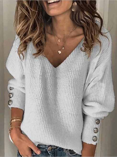Cotton Blend Fashion Women's Wear Pure Color Knitted V-neck Loose Long Sleeve T-shirt