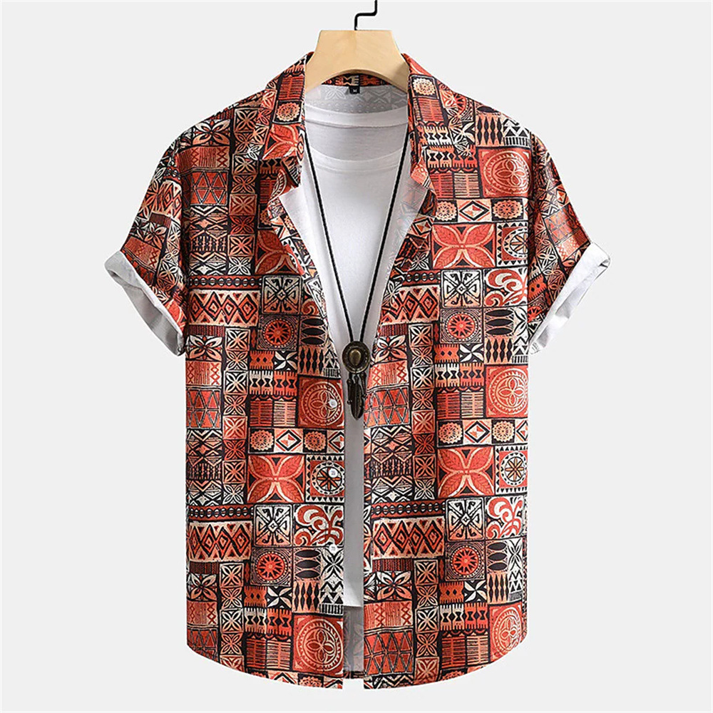 Men's Summer Patchwork Print Casual Vintage Short Sleeve Shirt