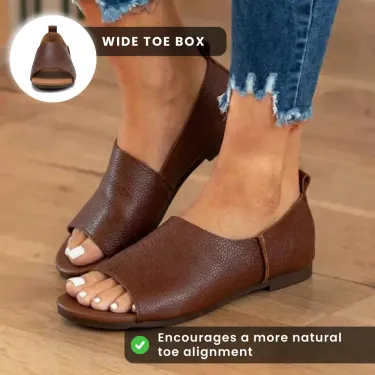 Orthopedic Leather Peep-Toe Wedge Slides - Wide Strap Design