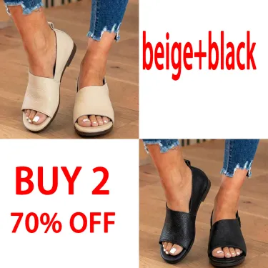 Orthopedic Leather Peep-Toe Wedge Slides - Wide Strap Design