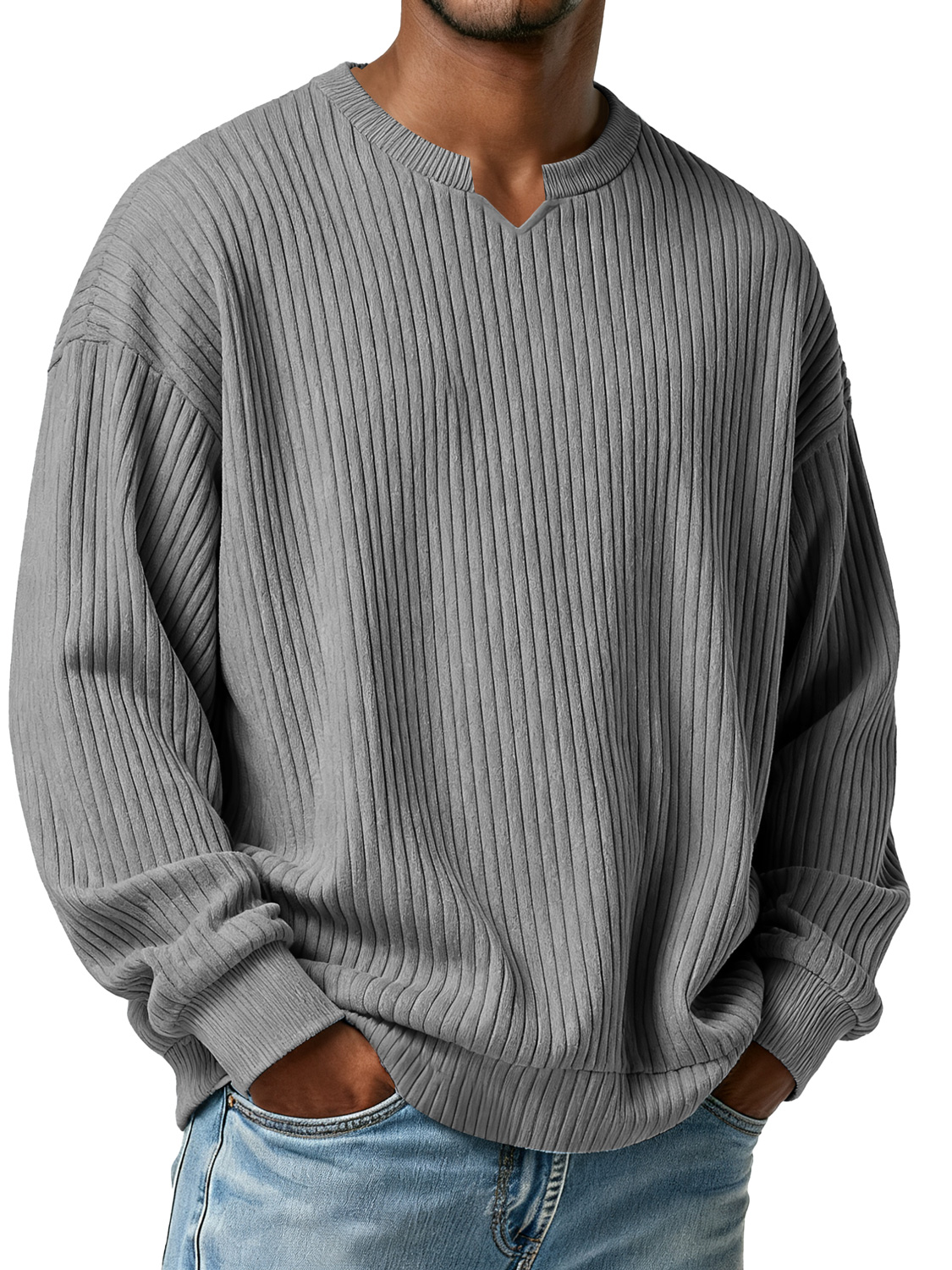 Men's Simple Vertical Ribbed Small V-neck Casual Loose Long-sleeved T-shirt