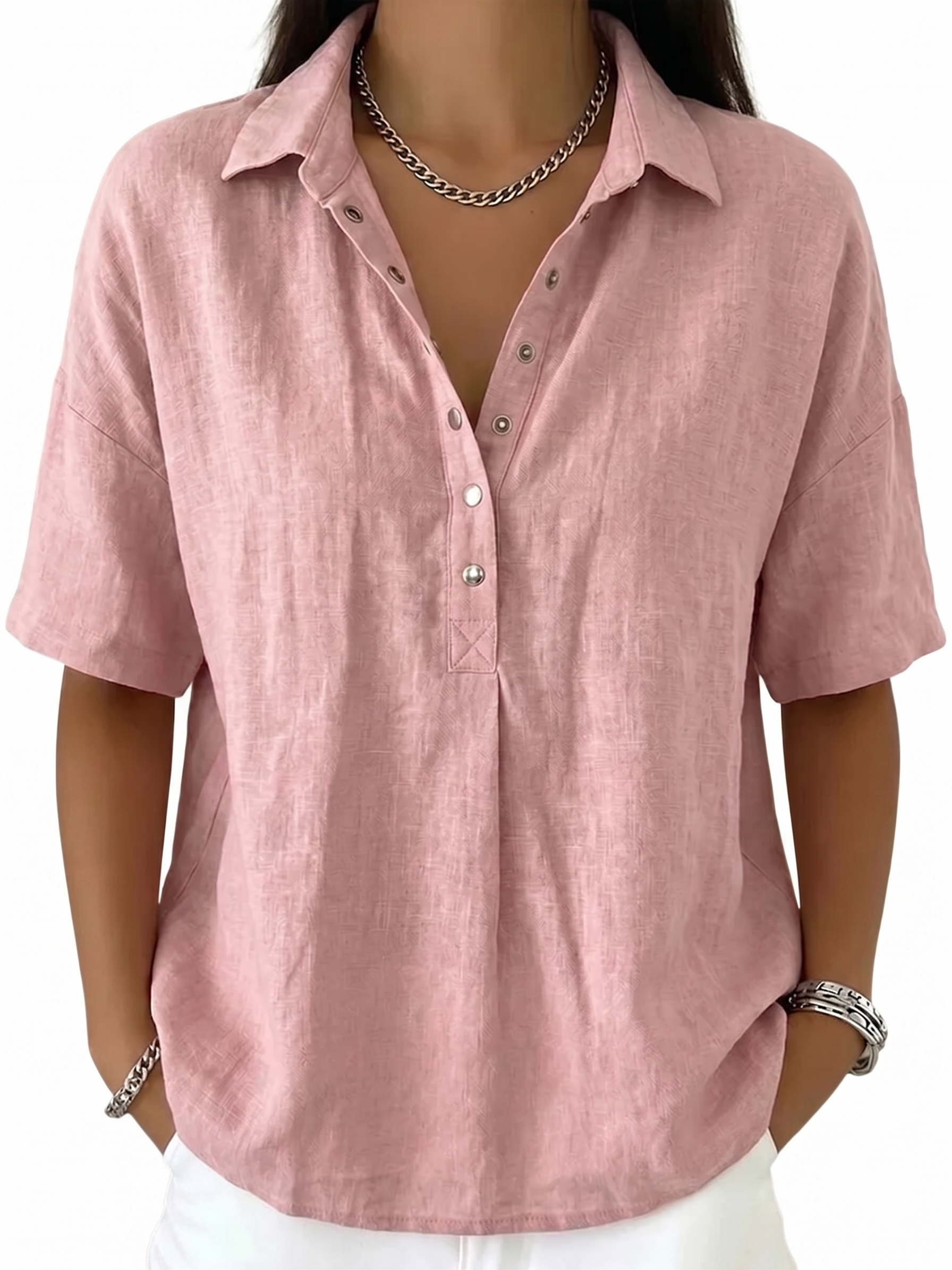 Women's Classic Linen Shirt Collar Short Sleeve Shirt
