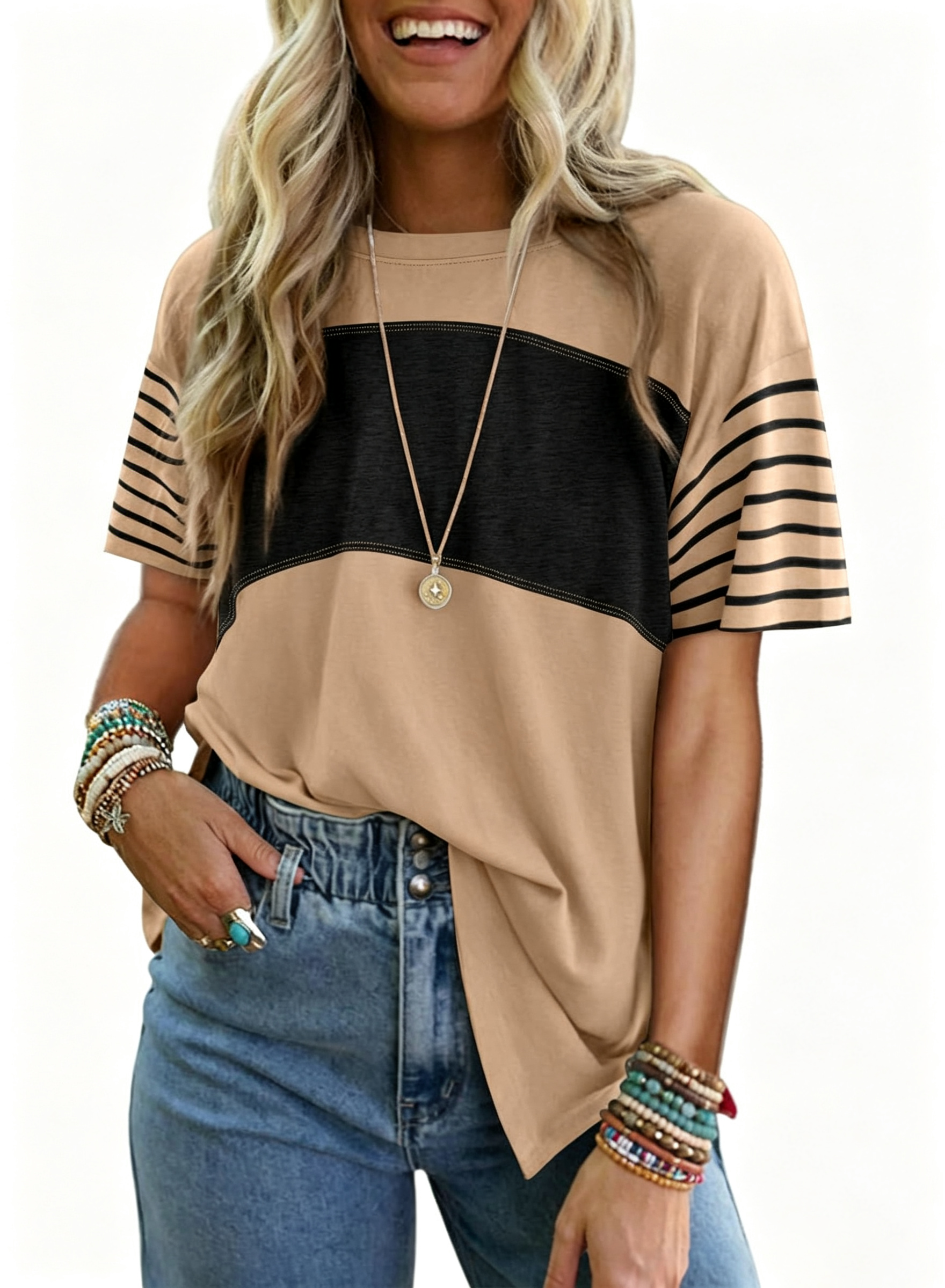  ✨Womens Oversized Crewneck Casual Color Block Striped Shirts Blouses
