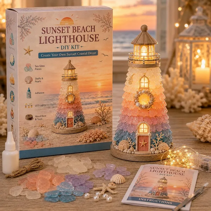 ⏳ Last Day 49% OFF – 🌊 Beginner-Friendly DIY Lighted Sea Glass-Style Lighthouse Kit Collection | Complete Kit with Sea Glass-Style Pieces, LED Lights & Step-by-Step Guide Included 💕