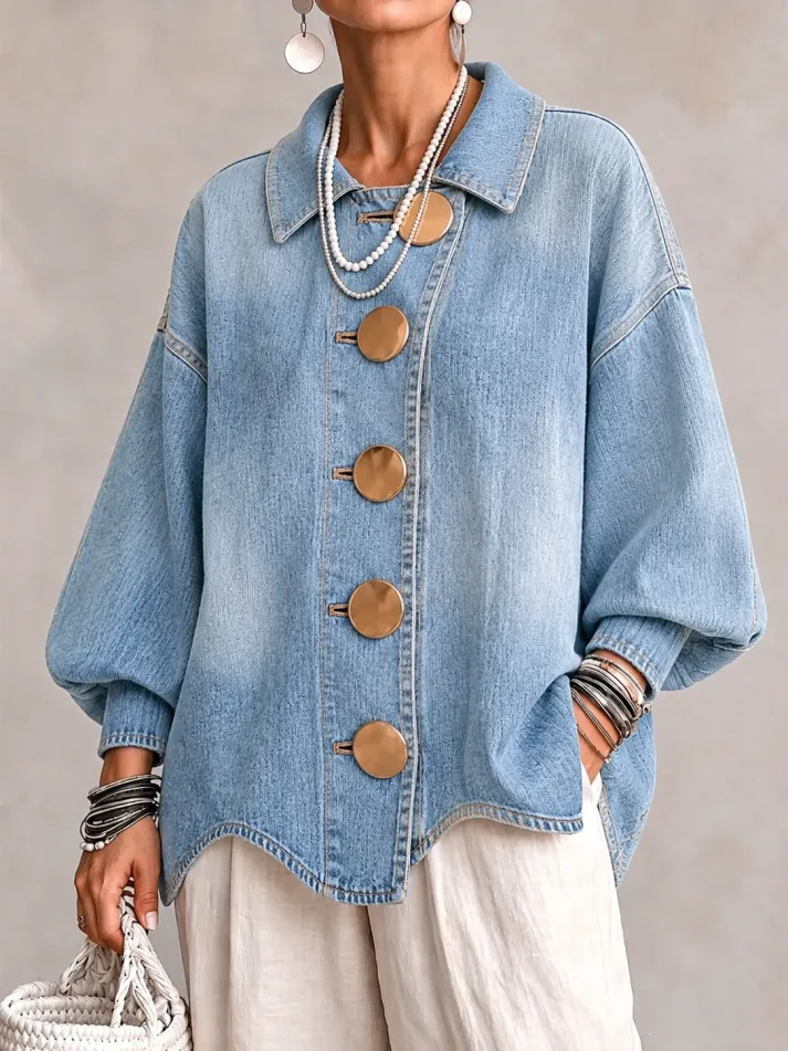 CLEARANCE SALE🔥 Collared Oversized Denim Jacket With Large Metal Buttons