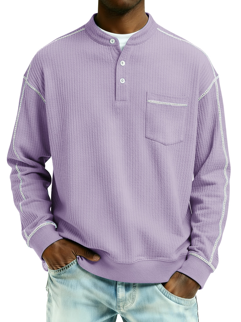 Men's Fashion Casual Contrast Waffle Fabric Pocket Long-Sleeve Henley Shirt