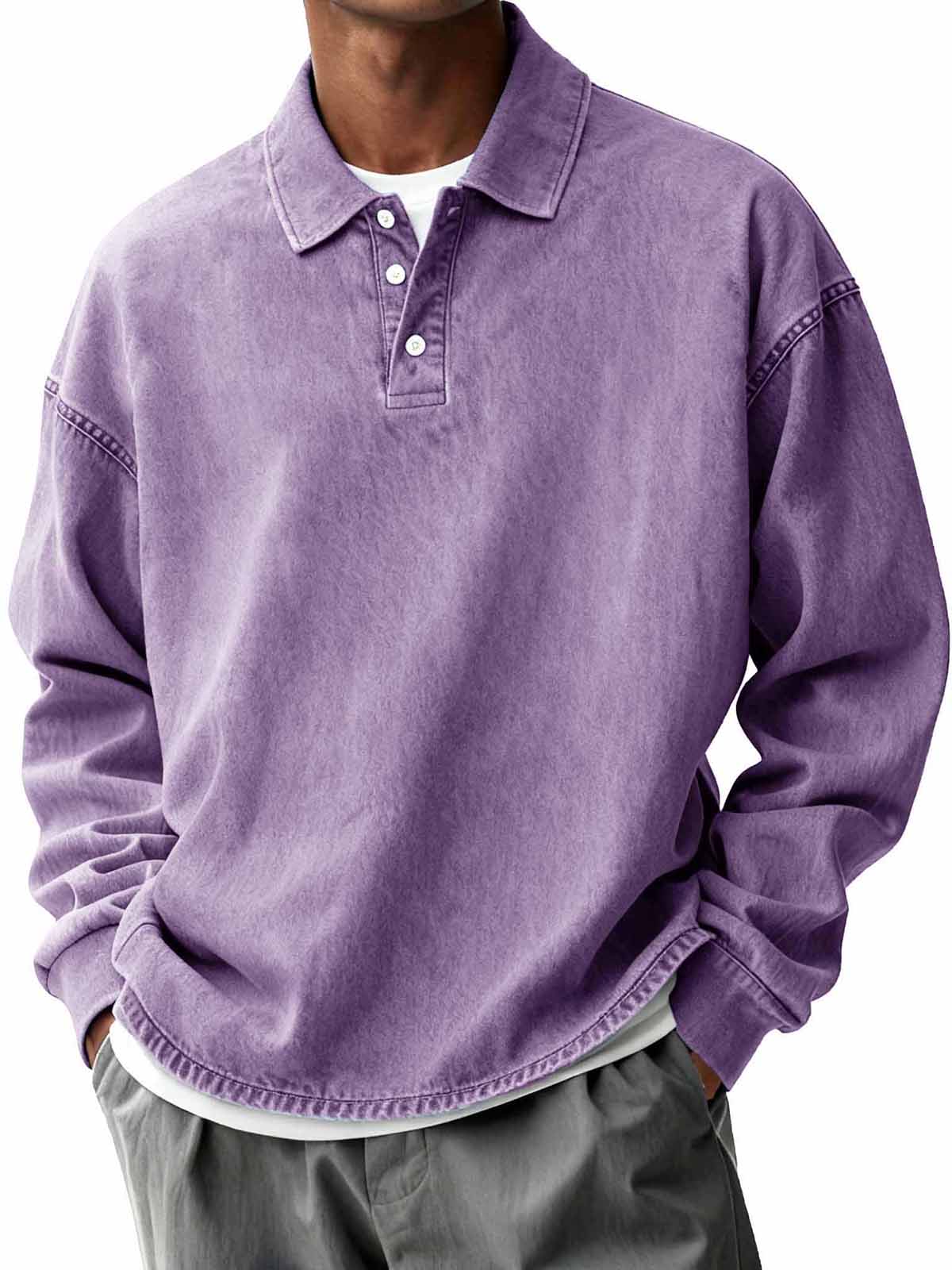 Men's Retro Distressed Fashion Turn-Down Collar Long-Sleeve Loose Polo Shirt