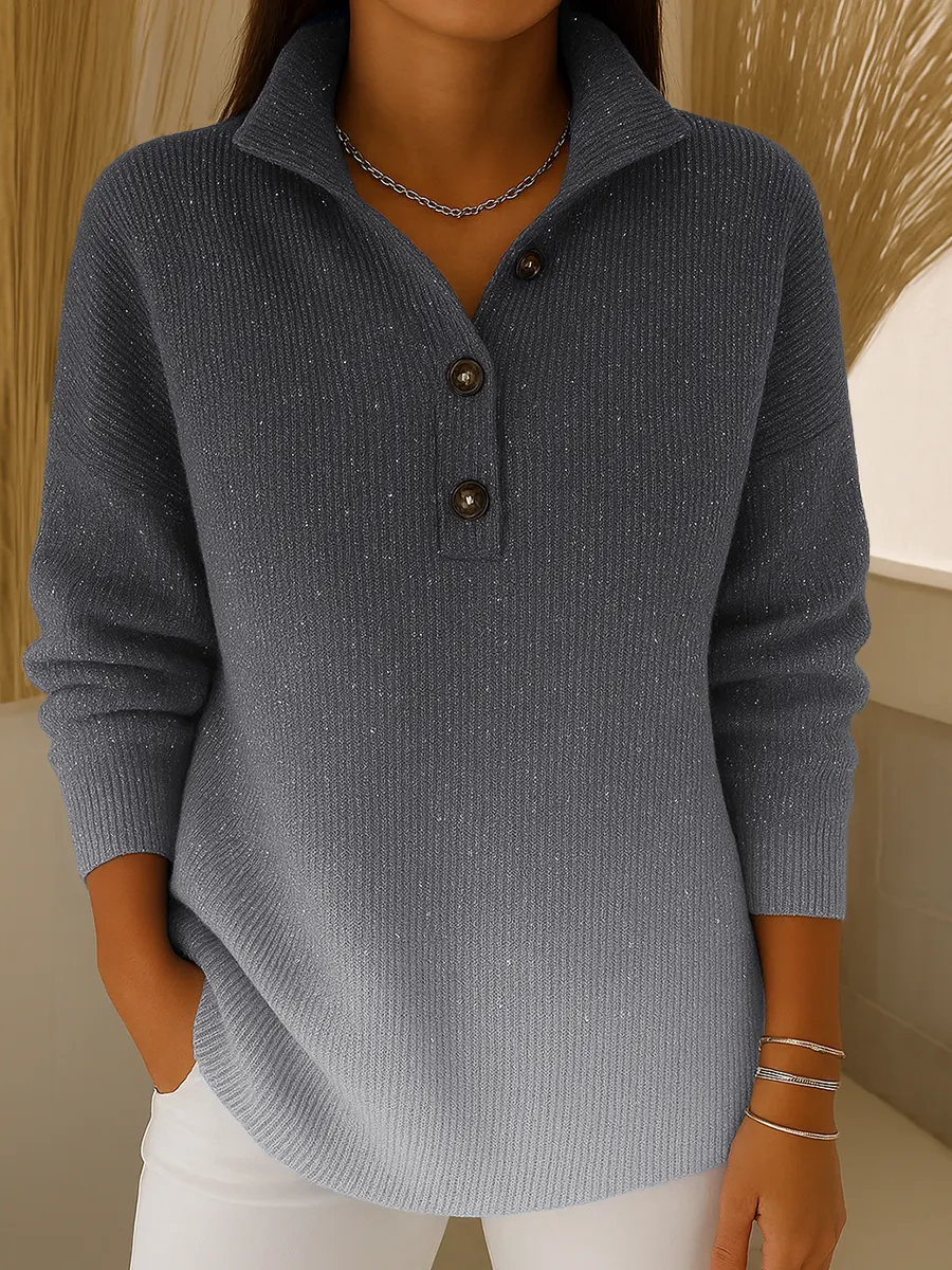 Women's Gradient Print Collared Long Sleeve Casual Loose Sequined Knit Cardigan