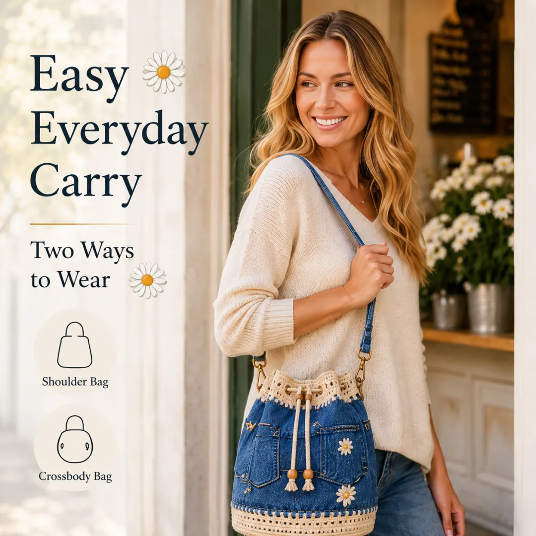 🔥 HOT SALE 49% OFF ✨ 👜Handmade Denim Crochet Bucket Bag – Daisy-Embroidered Drawstring Crossbody Bag