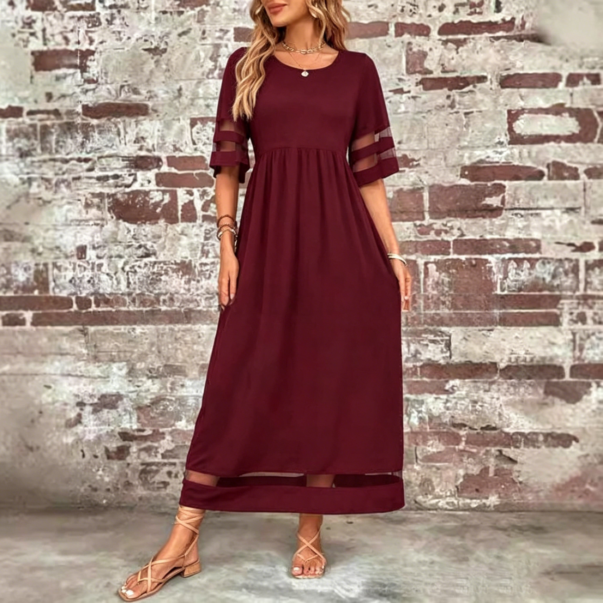 Plain Crew Neck Short Sleeve Comfy Casual Maxi Dress
