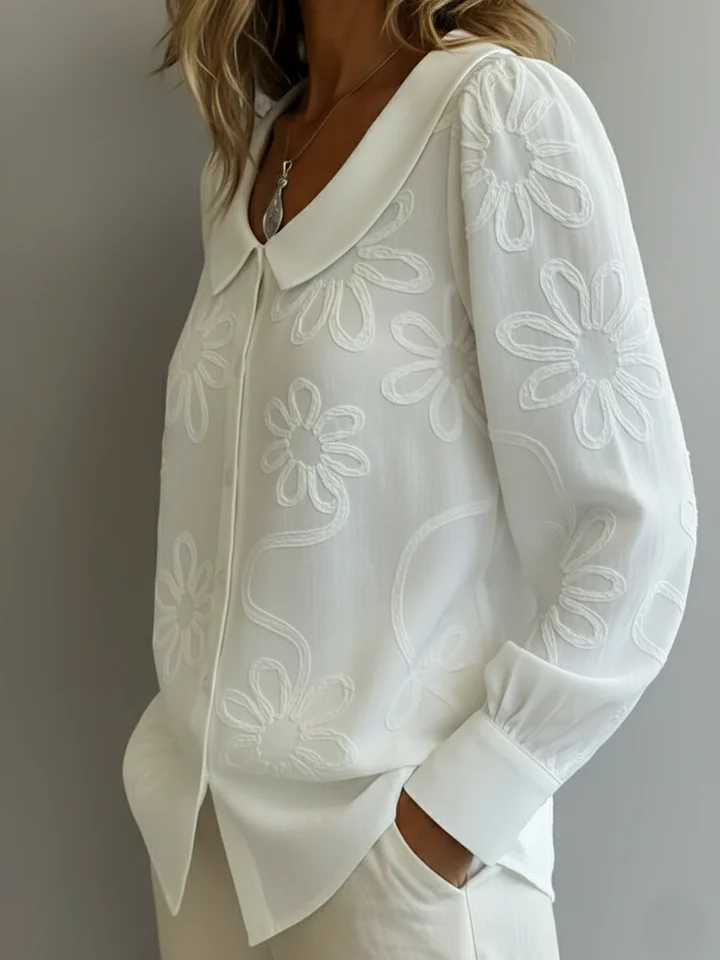 Vintage Peter Pan Collar Embroidered Floral Shirt