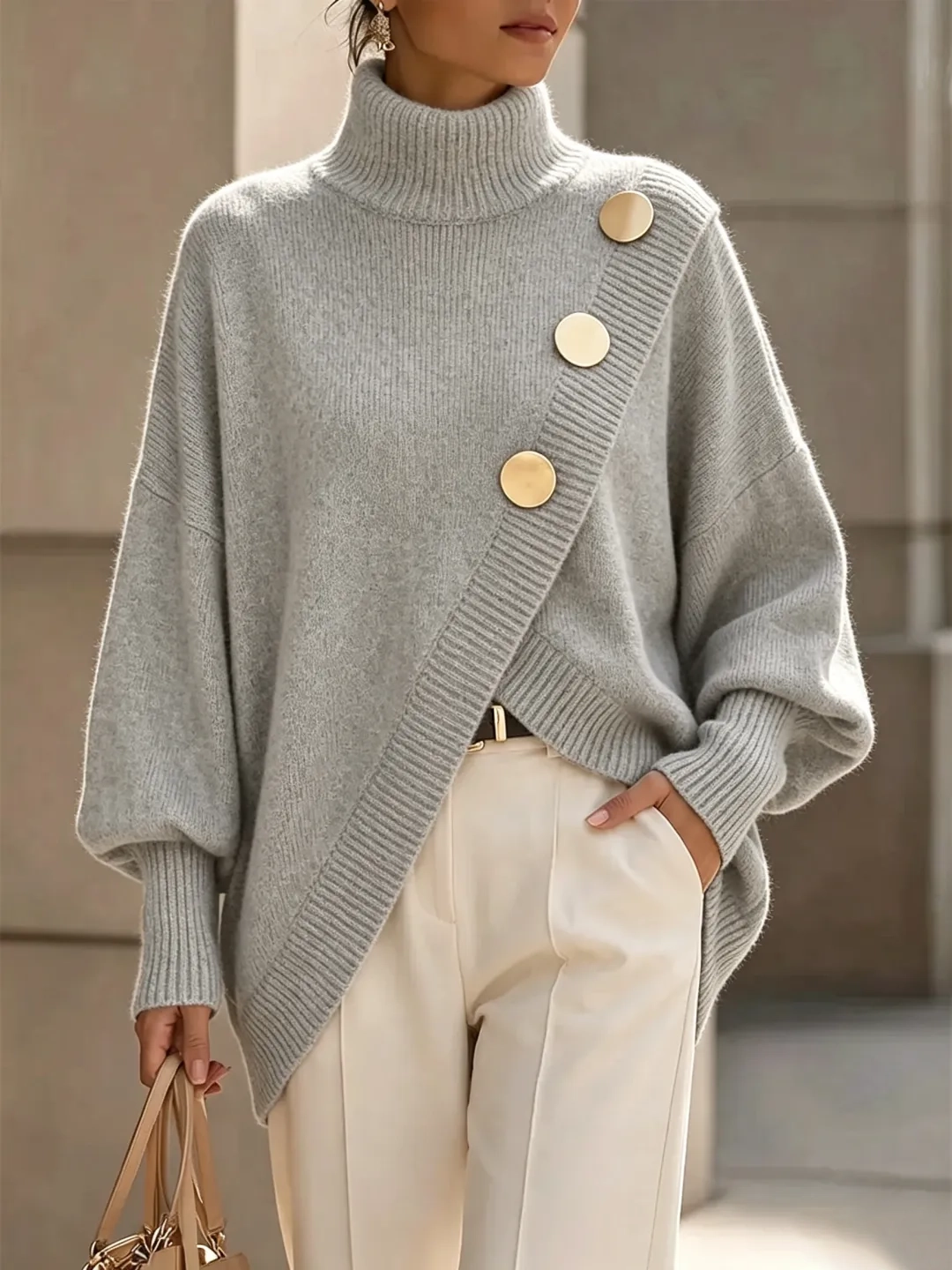 Elegant Asymmetrical Gold-Button Knit Sweater