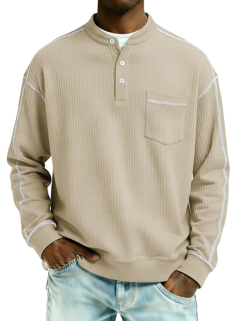 Men's Fashion Casual Contrast Waffle Fabric Pocket Long-Sleeve Henley Shirt
