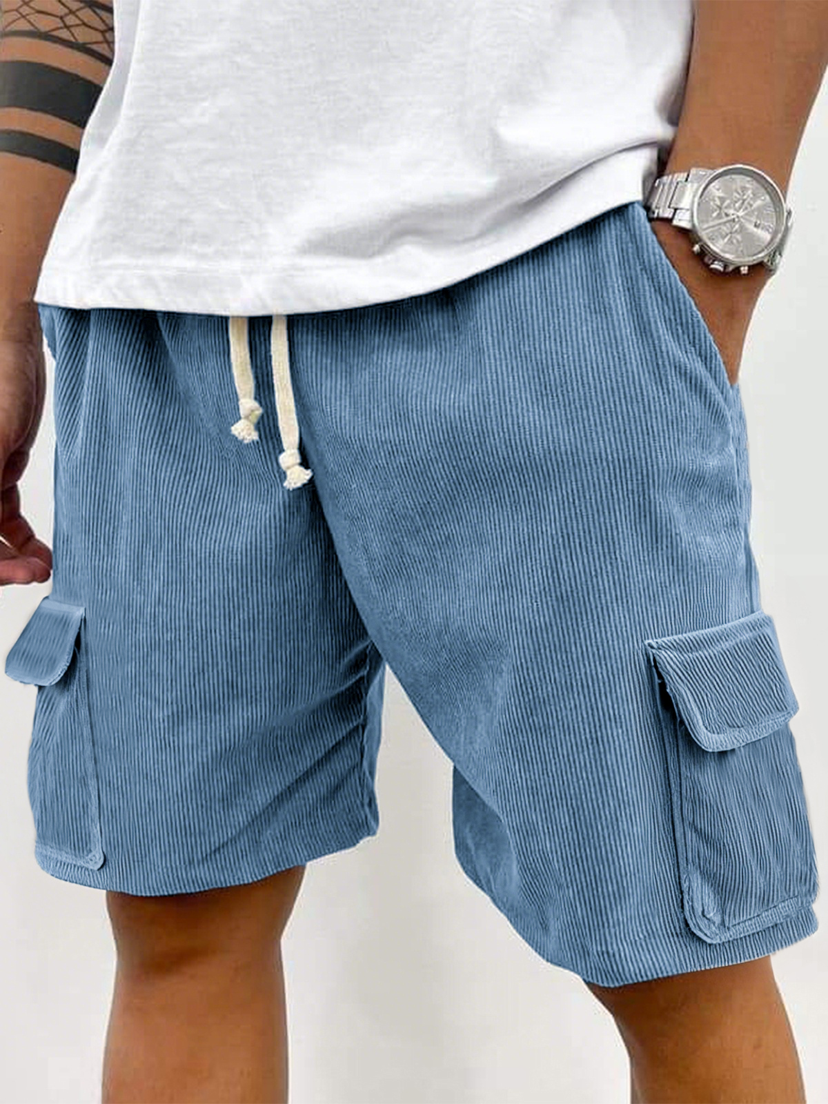 Men's Corduroy Stylish Multi-Pocket Lace Up Utility Casual Cargo Shorts