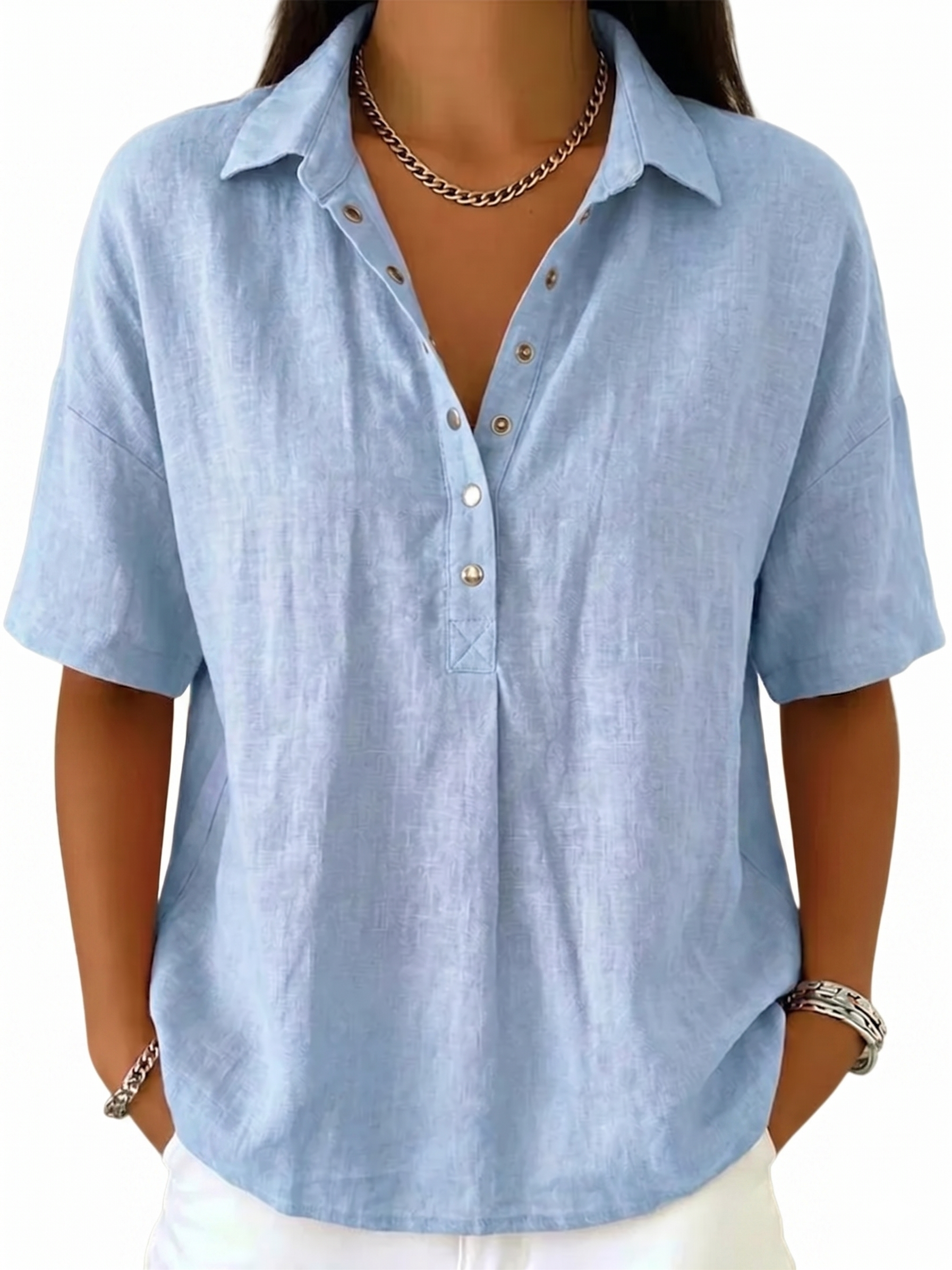 Women's Classic Linen Shirt Collar Short Sleeve Shirt