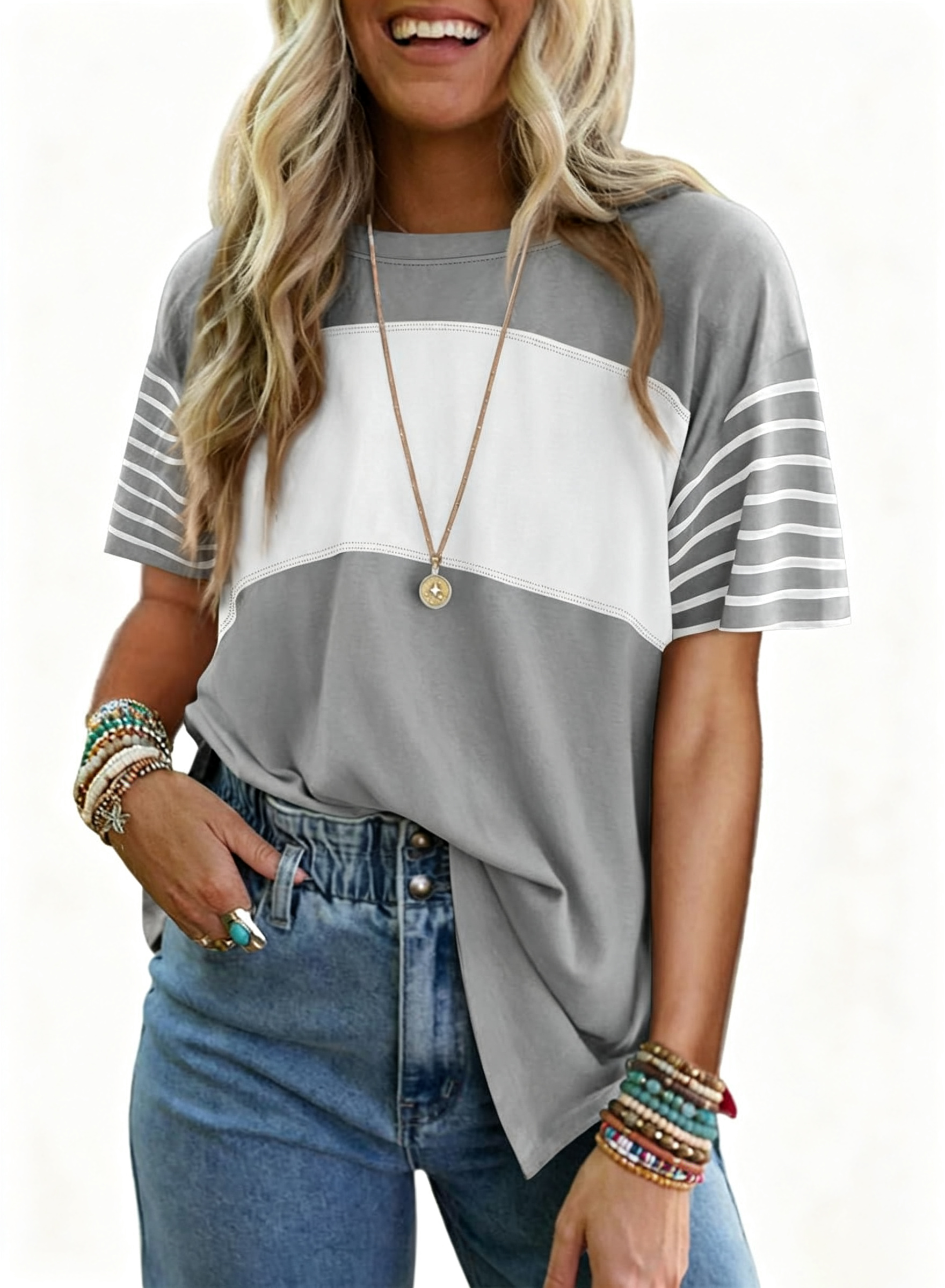  ✨Womens Oversized Crewneck Casual Color Block Striped Shirts Blouses