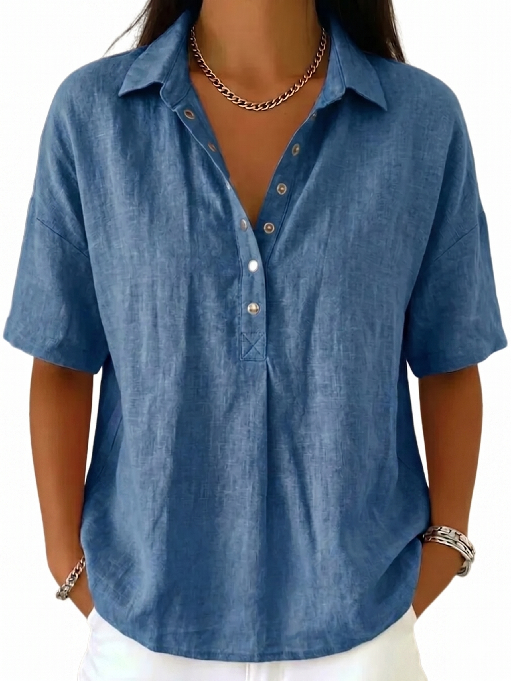 Women's Classic Linen Shirt Collar Short Sleeve Shirt