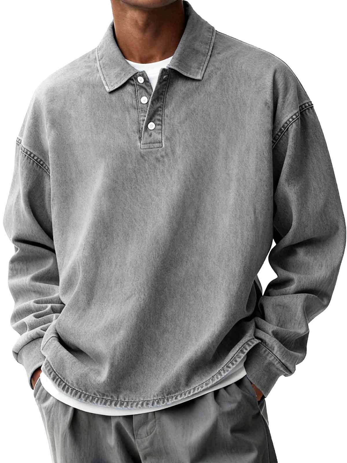 Men's Retro Distressed Fashion Turn-Down Collar Long-Sleeve Loose Polo Shirt
