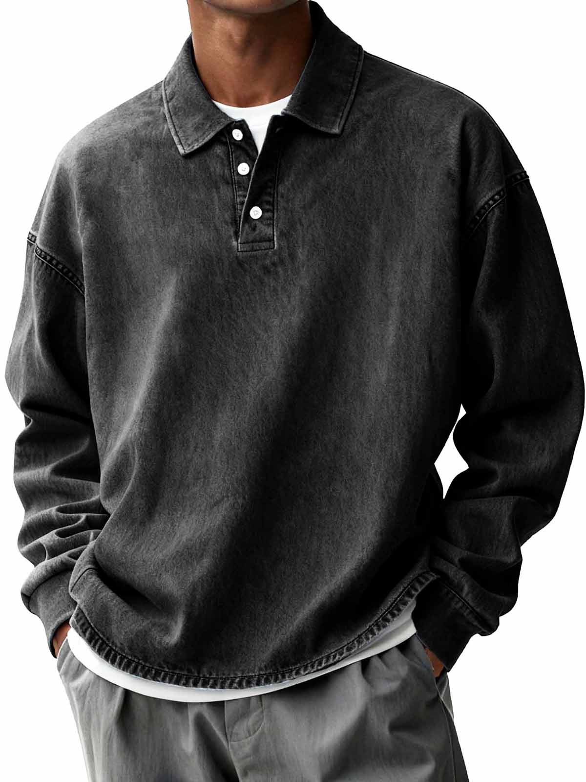 Men's Retro Distressed Fashion Turn-Down Collar Long-Sleeve Loose Polo Shirt