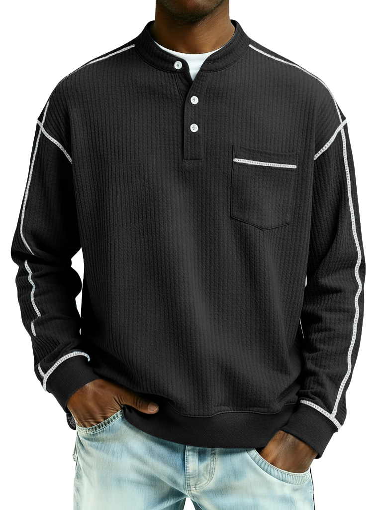 Men's Fashion Casual Contrast Waffle Fabric Pocket Long-Sleeve Henley Shirt