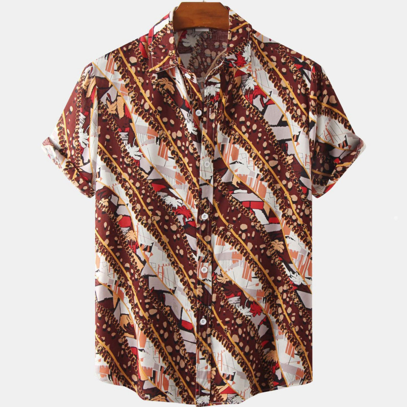 Men's Summer Patchwork Print Casual Vintage Short Sleeve Shirt