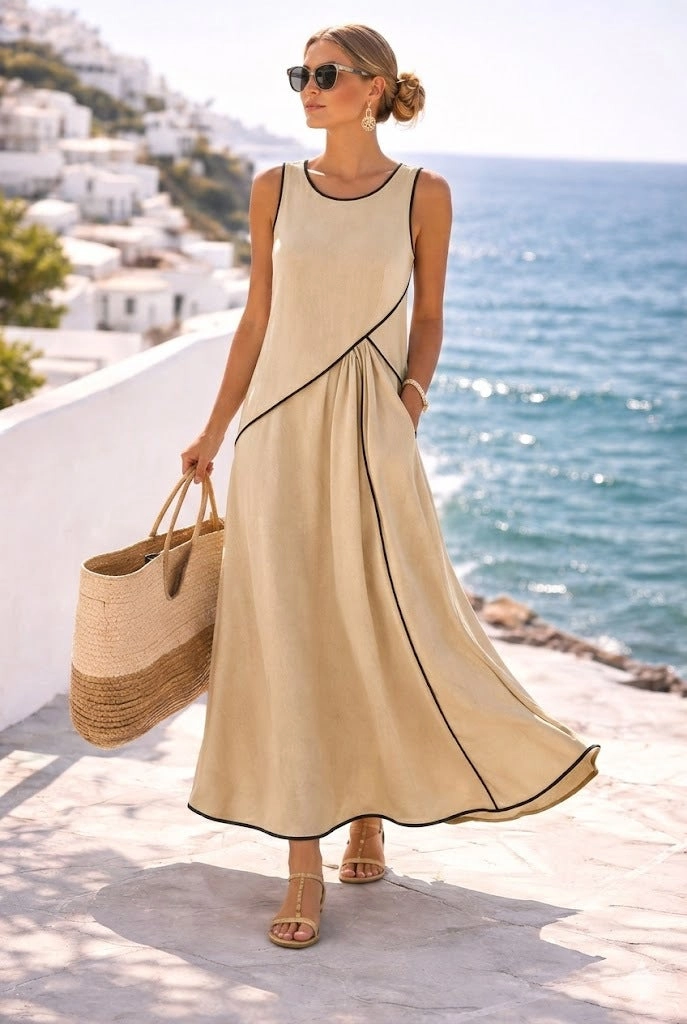 Sleeveless Crew-Neck Color-Block Drapey Maxi Dress