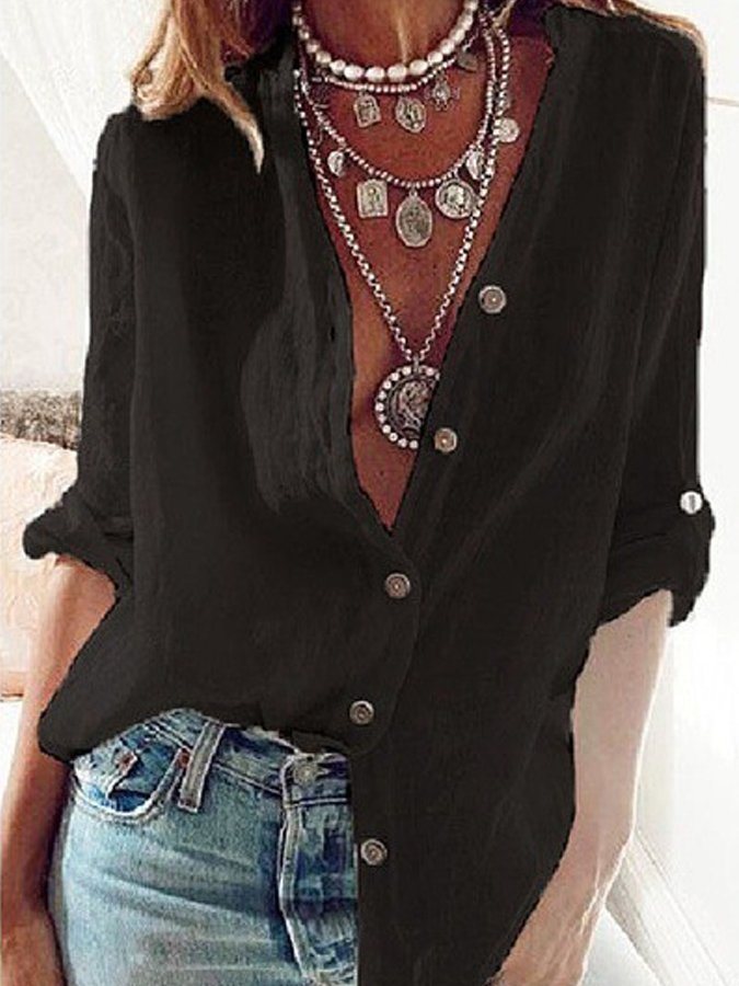 Ladies Cotton Linen Solid Color Pull-Sleeve Loose V-Neck Long-Sleeve Shirt