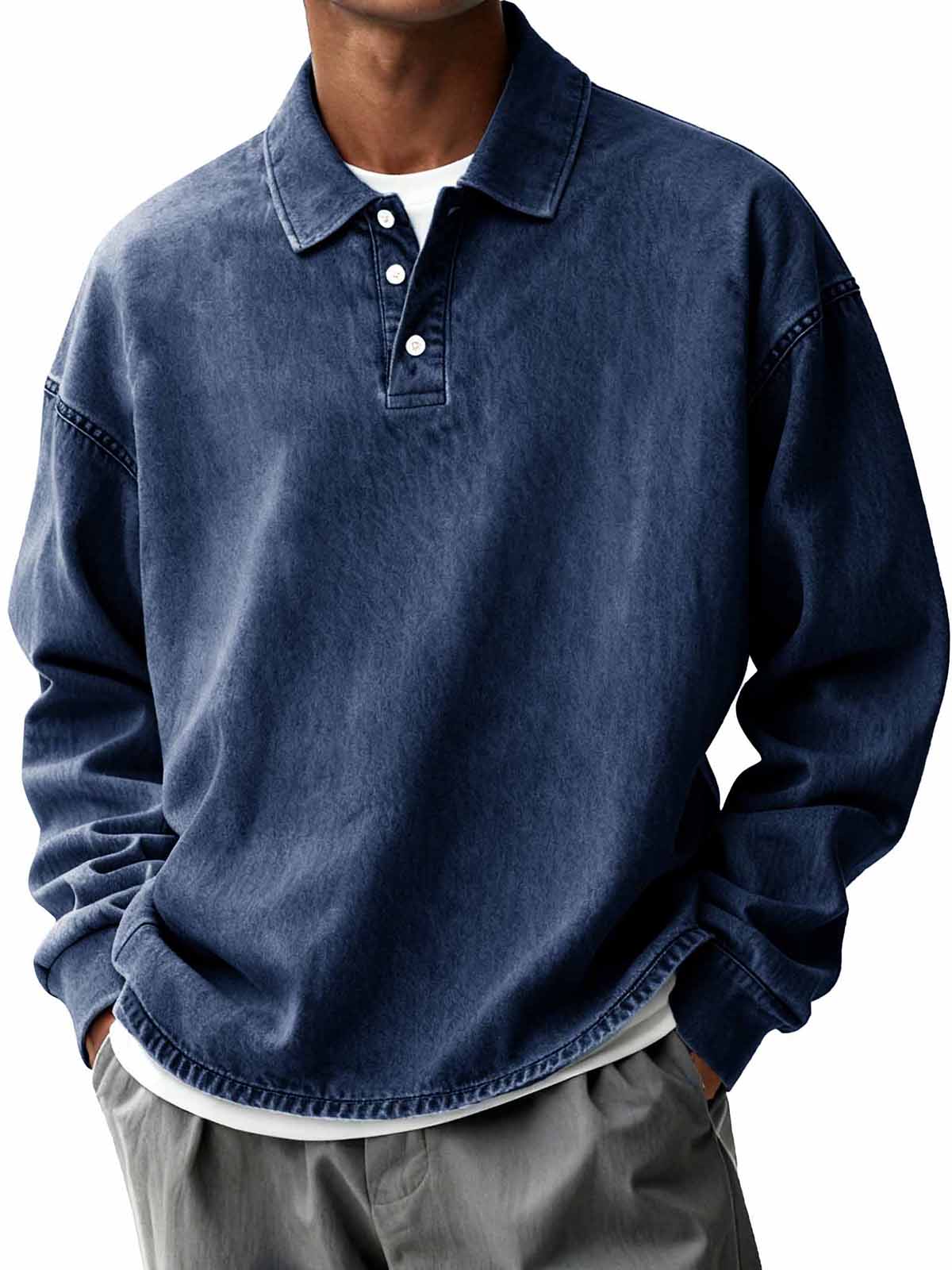 Men's Retro Distressed Fashion Turn-Down Collar Long-Sleeve Loose Polo Shirt