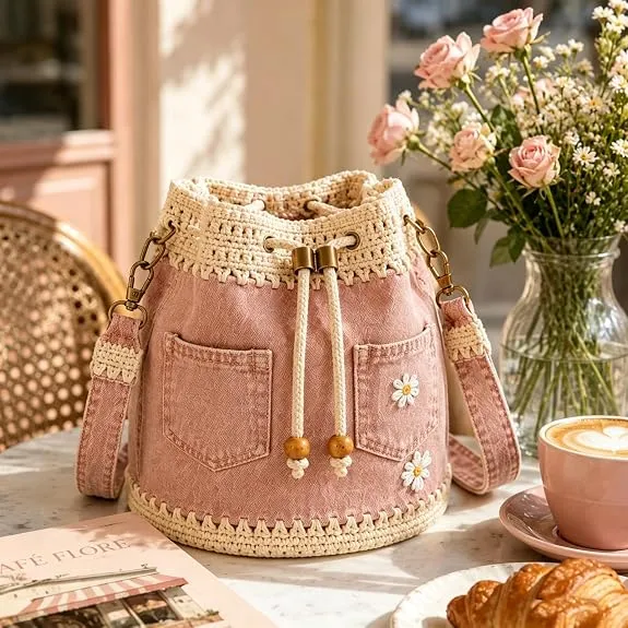🔥 HOT SALE 49% OFF ✨ 👜Handmade Denim Crochet Bucket Bag – Daisy-Embroidered Drawstring Crossbody Bag