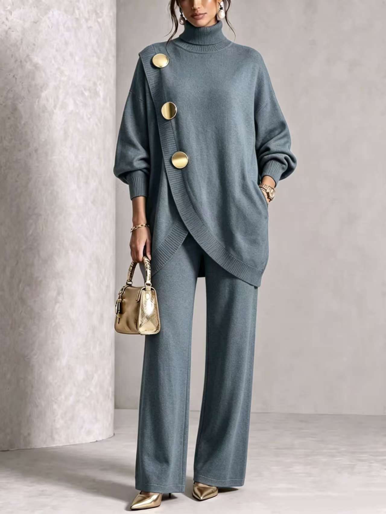 Elegant Burgundy Knit Asymmetrical Button Set