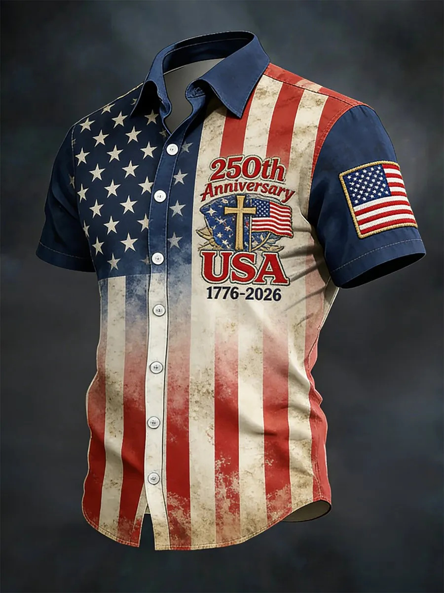 USA 250th Anniversary Denim Button-Down Shirt – Vintage American Flag & Eagle Print, Patriotic Short Sleeve Casual Top
