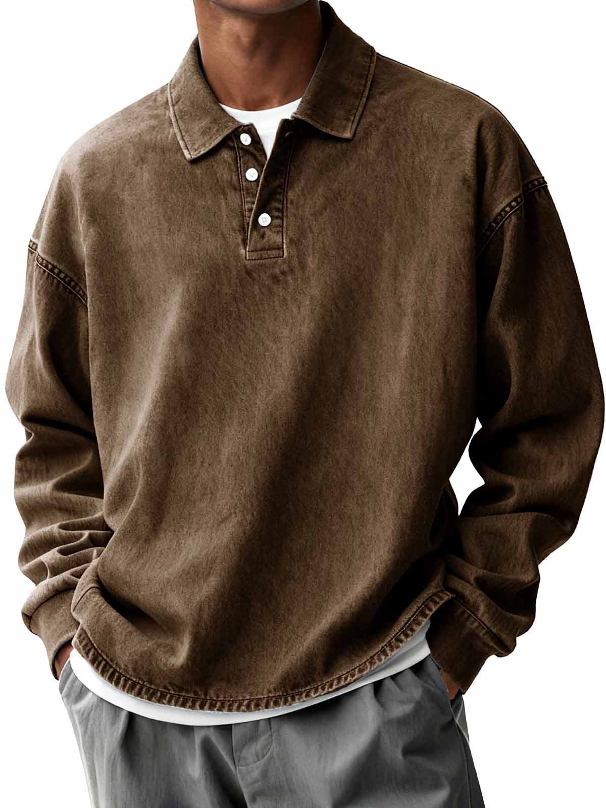 Men's Retro Distressed Fashion Turn-Down Collar Long-Sleeve Loose Polo Shirt