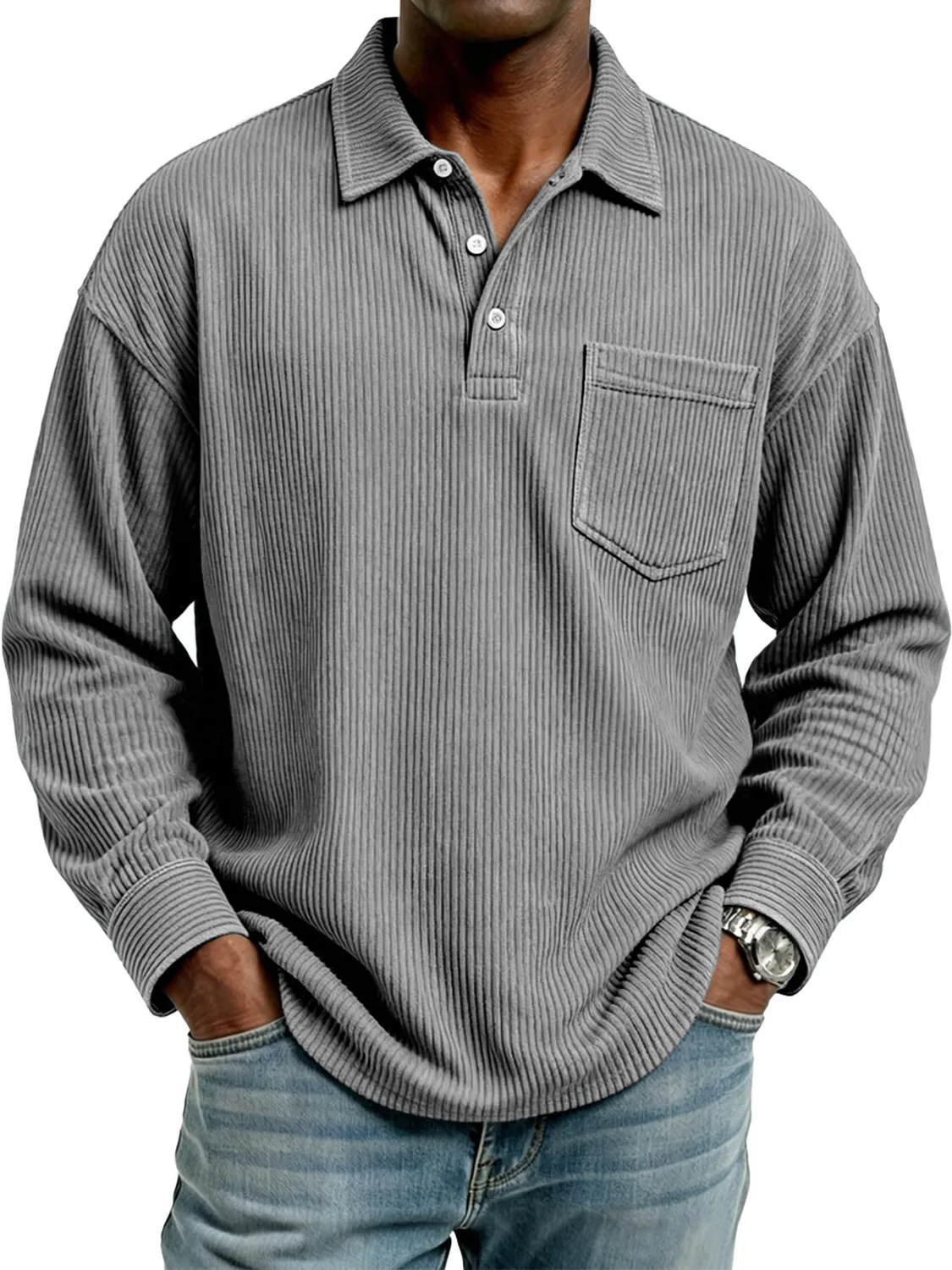 Men's Retro Corduroy Lapel Button Casual Pocket Long-Sleeve Polo Shirt