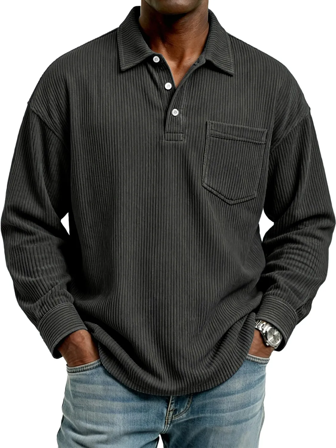 Men's Retro Corduroy Lapel Button Casual Pocket Long-Sleeve Polo Shirt