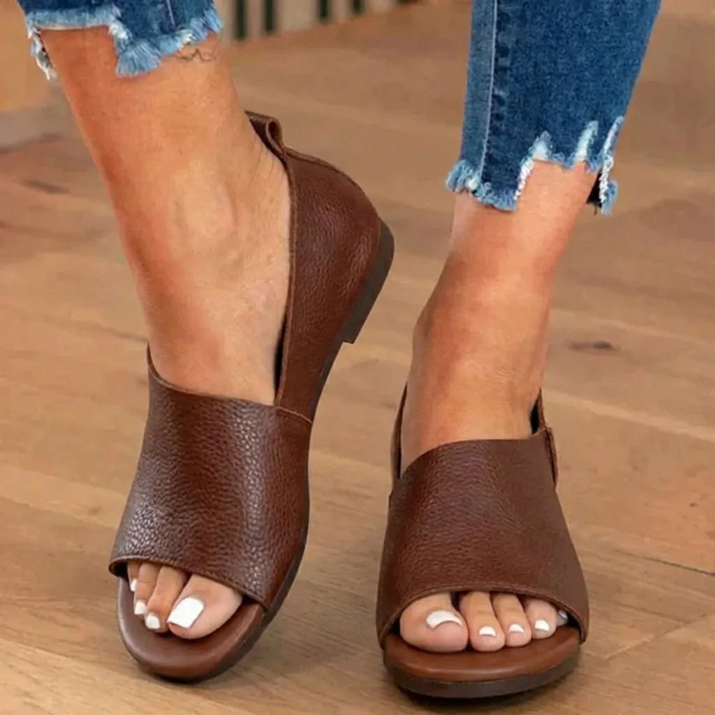 Orthopedic Leather Peep-Toe Wedge Slides - Wide Strap Design