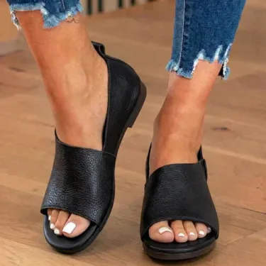 Orthopedic Leather Peep-Toe Wedge Slides - Wide Strap Design