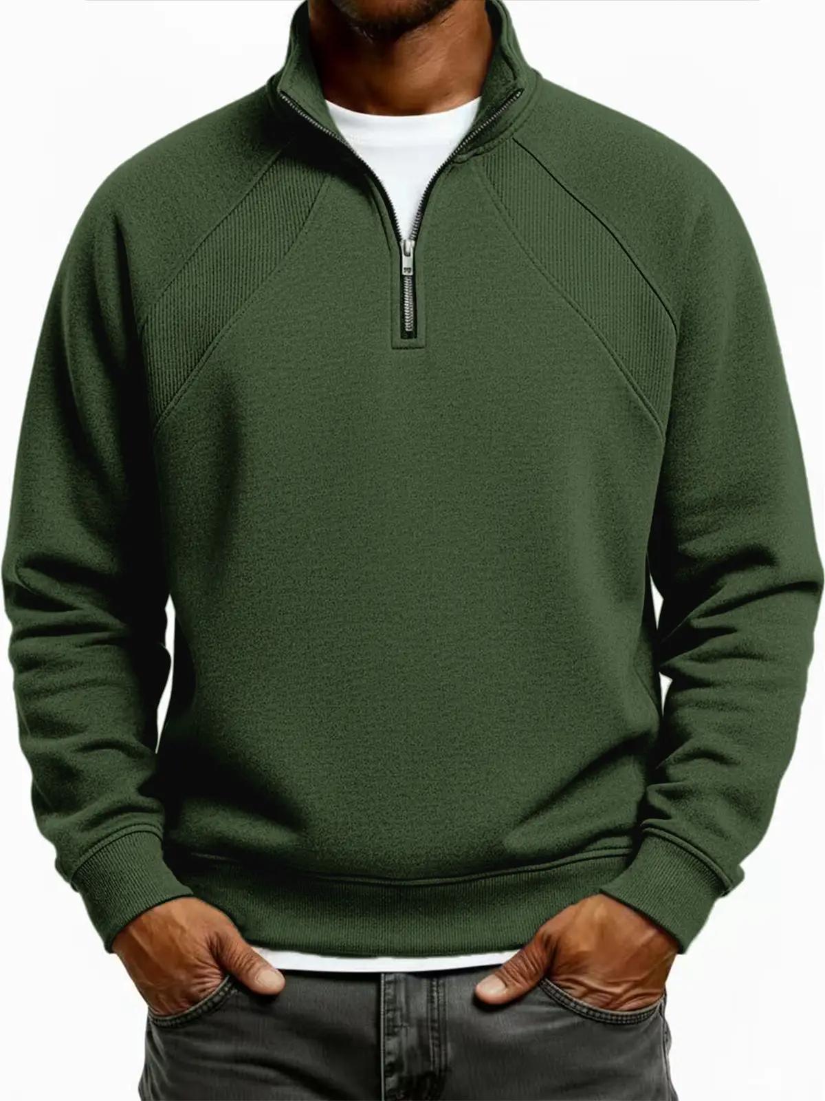 Men's Quarter-Zip Ribbed Raglan Textured Deconstructed Pullover Sweatshirt