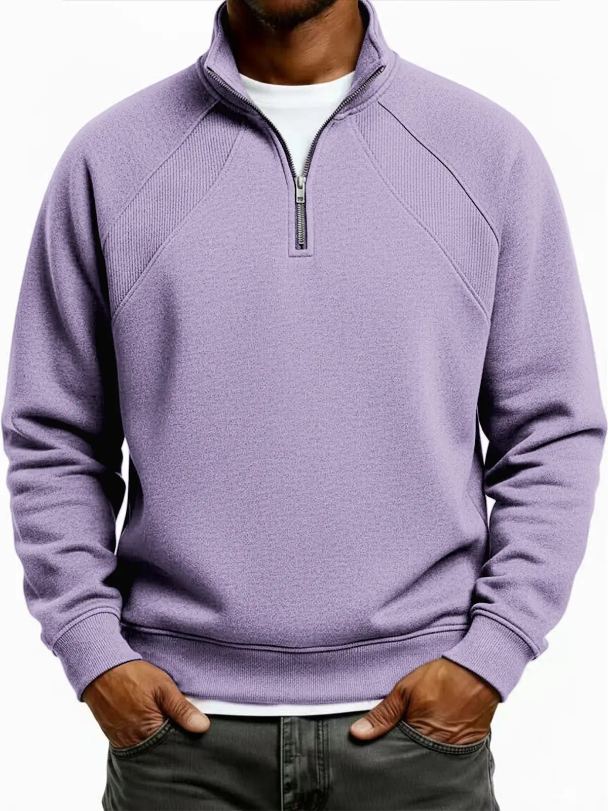Men's Quarter-Zip Ribbed Raglan Textured Deconstructed Pullover Sweatshirt
