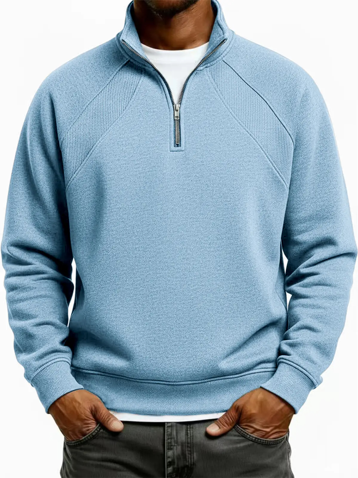Men's Quarter-Zip Ribbed Raglan Textured Deconstructed Pullover Sweatshirt