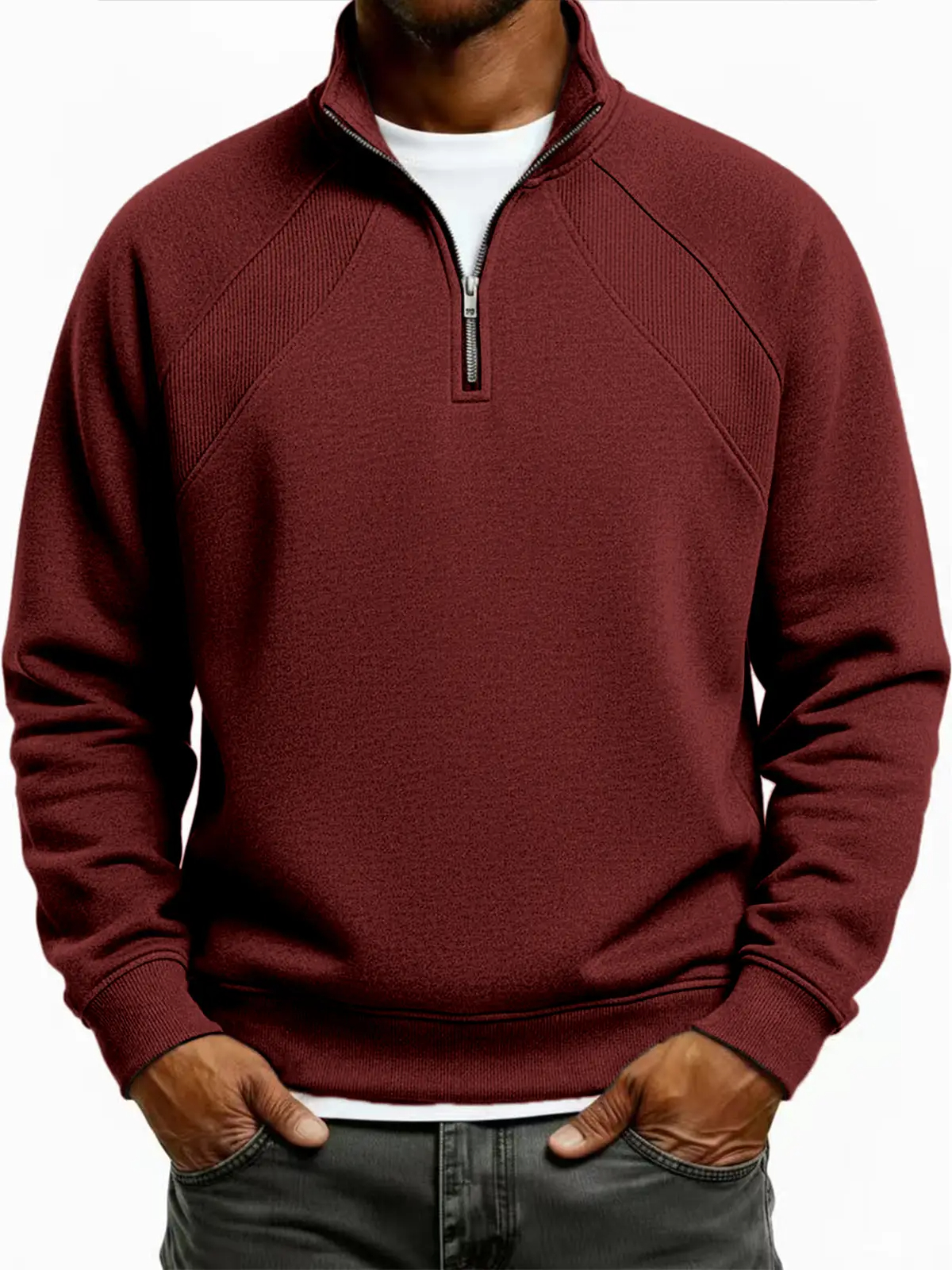 Men's Quarter-Zip Ribbed Raglan Textured Deconstructed Pullover Sweatshirt