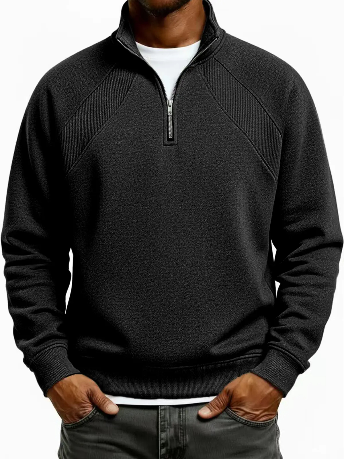 Men's Quarter-Zip Ribbed Raglan Textured Deconstructed Pullover Sweatshirt
