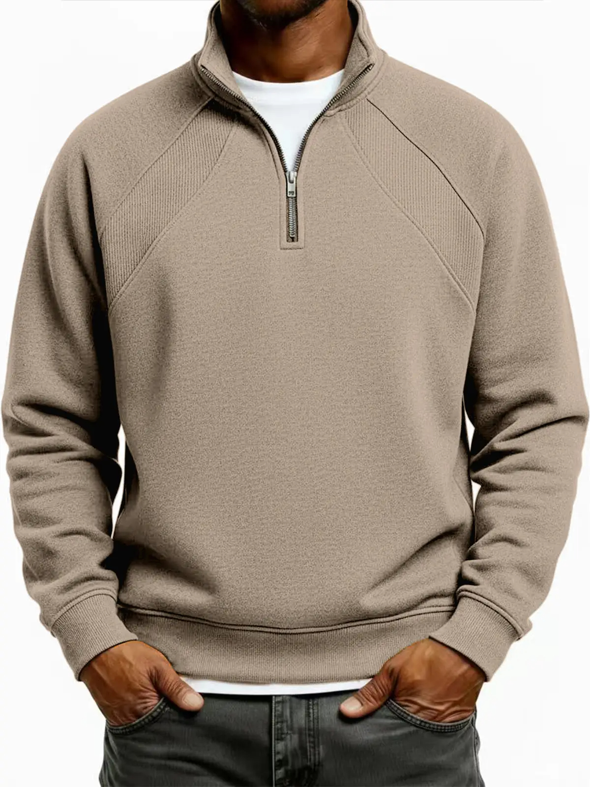 Men's Quarter-Zip Ribbed Raglan Textured Deconstructed Pullover Sweatshirt