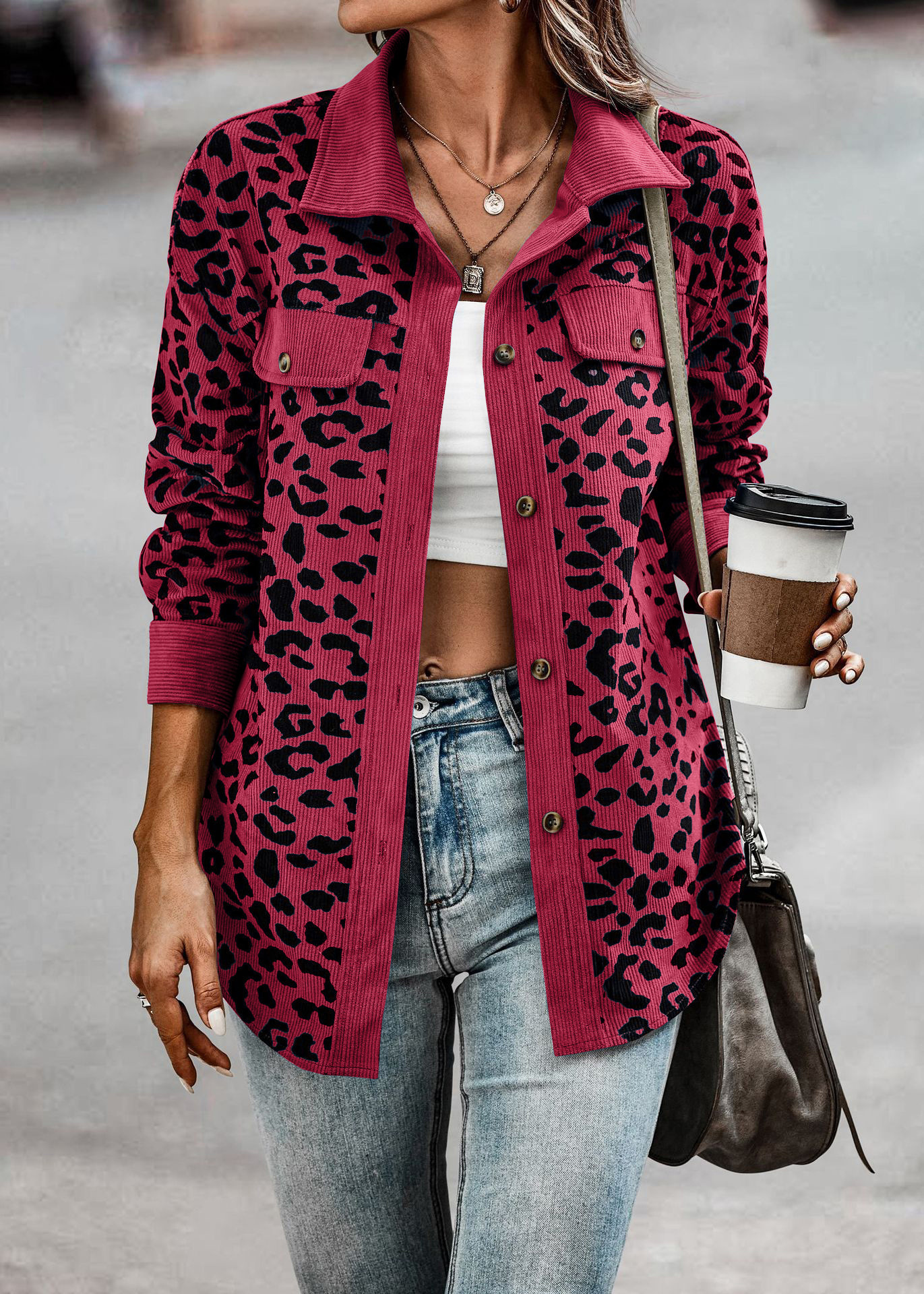 Contrast Rib Collar Leopard Print Corduroy Long Sleeve Shirt Jacket