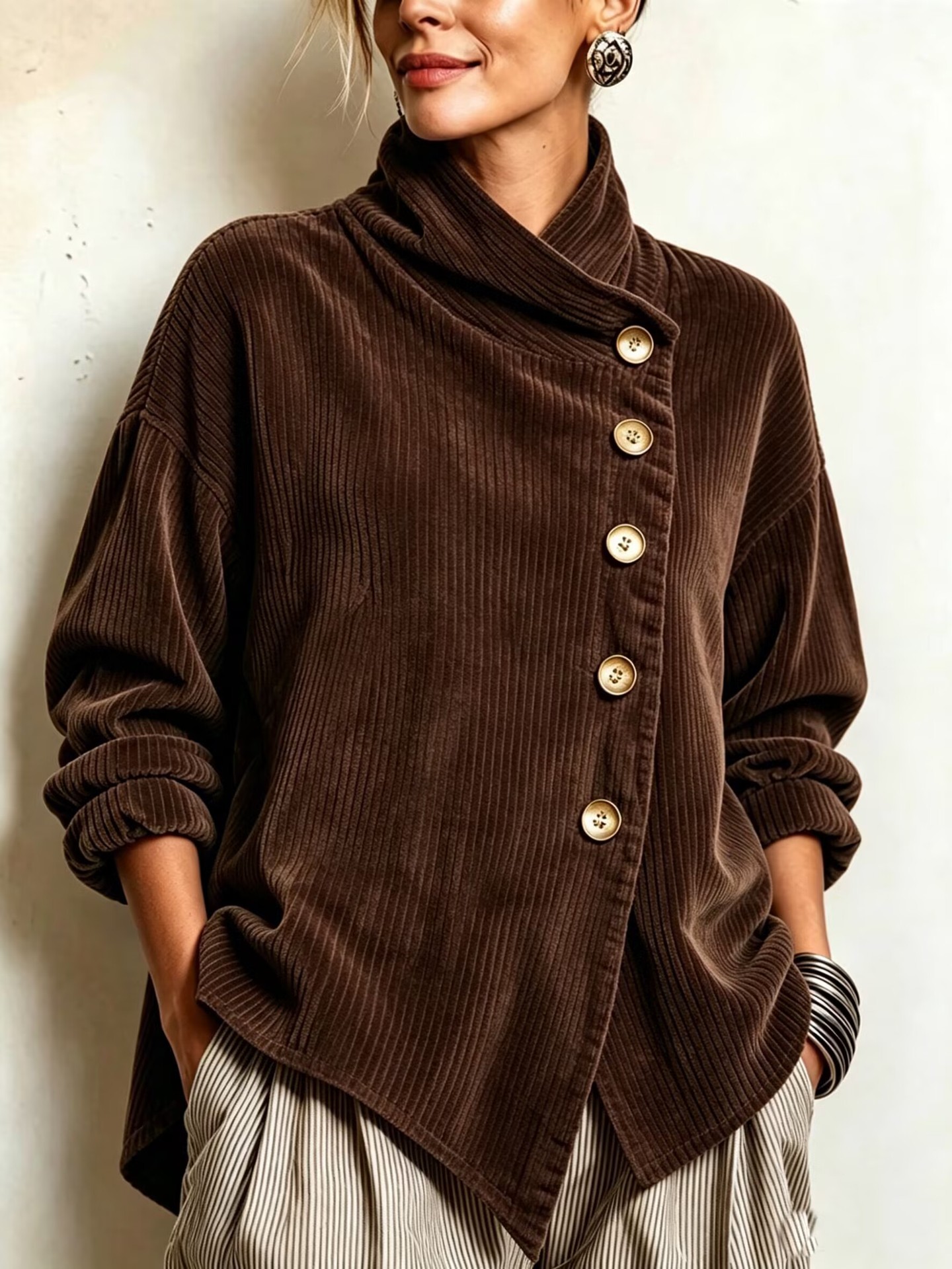 Autumn 2026 New Arrival – Women's Asymmetrical Loose-Fit Dropped-Shoulder Jacket with Diagonal Button Closure