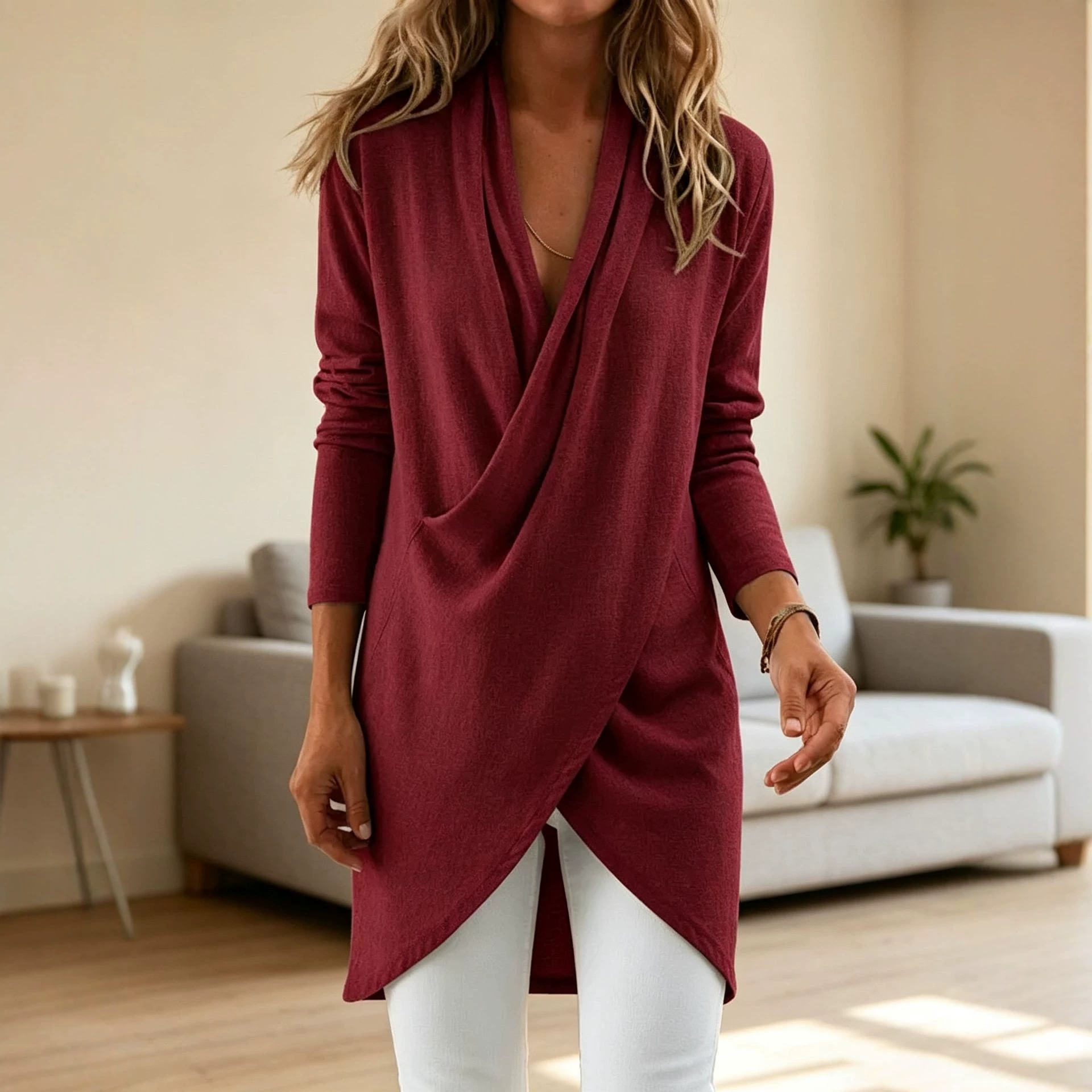 Elegant Casual Cross-over V-neck Linen-cotton Top