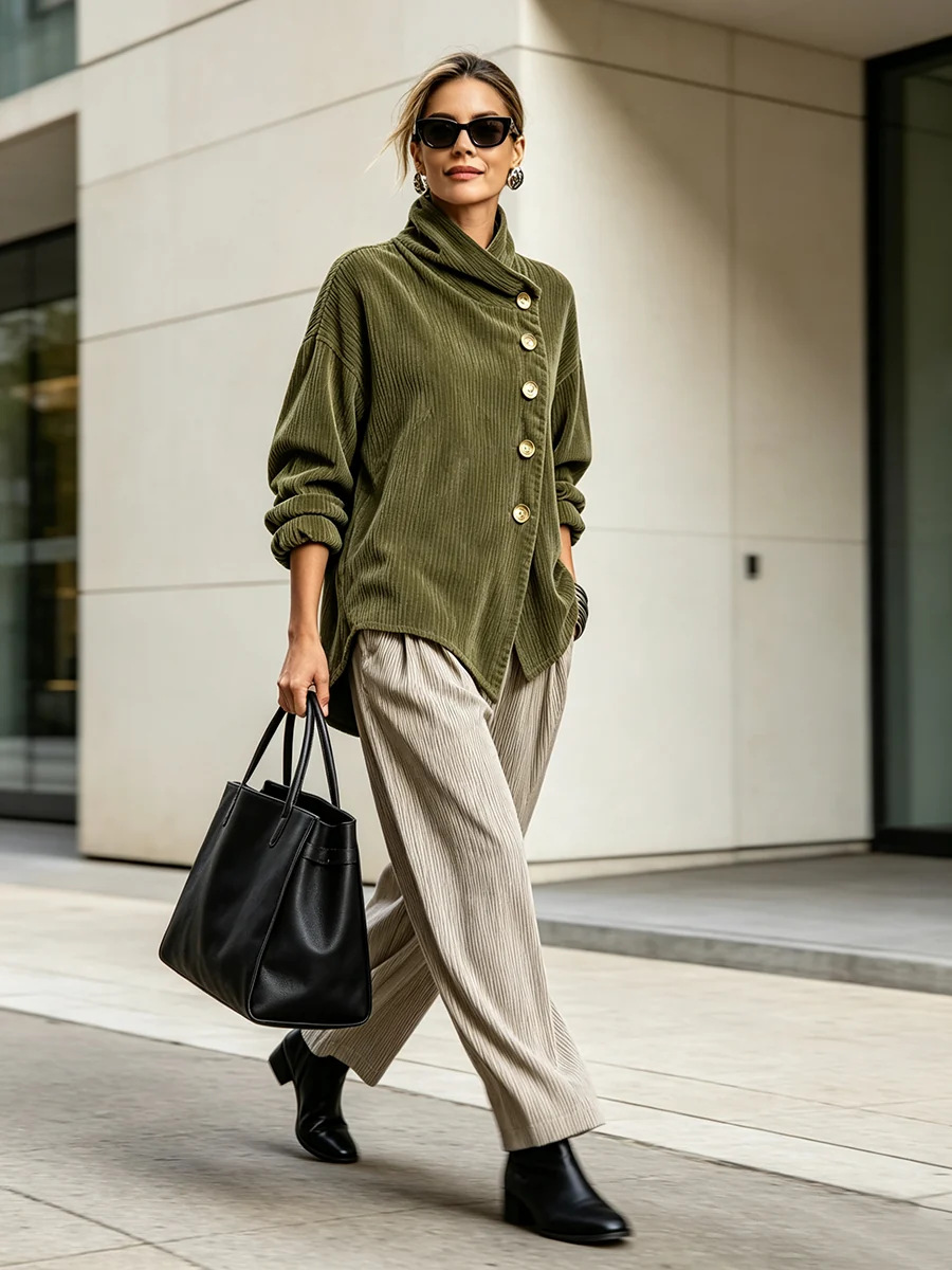 Autumn 2026 New Arrival – Women's Asymmetrical Loose-Fit Dropped-Shoulder Jacket with Diagonal Button Closure