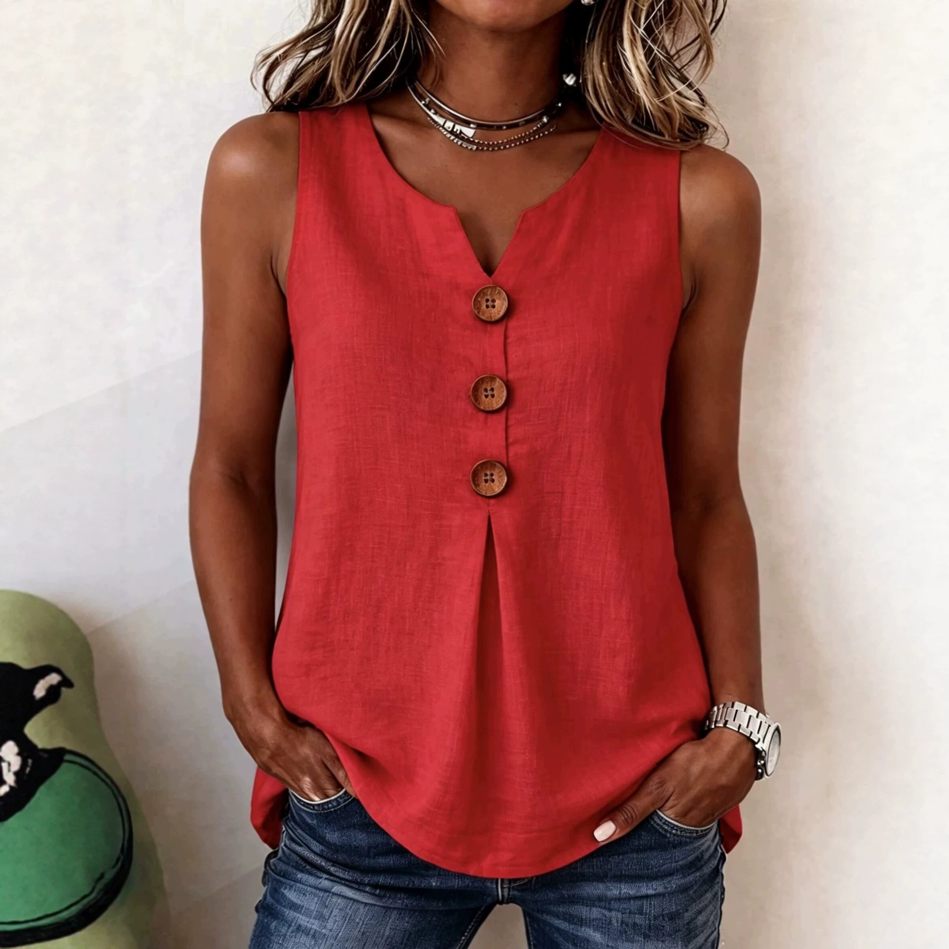 🏆Three-Button Sleeveless Solid Color Tank Top