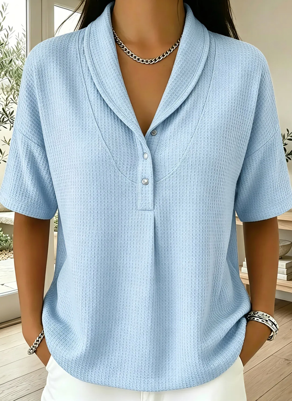 New Arrivals🔥Women’s Casual Loose Shawl Collar Waffle-knit T-shirt