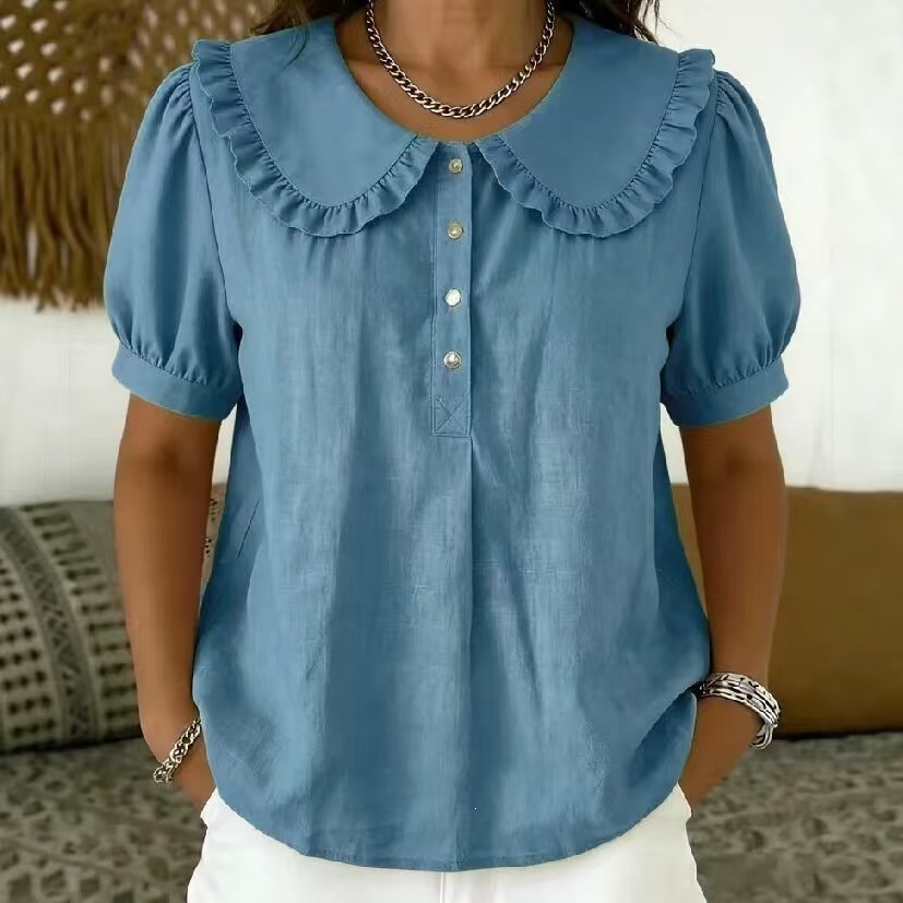 Women’s Ruffled Peter Pan Collar Linen Blouse