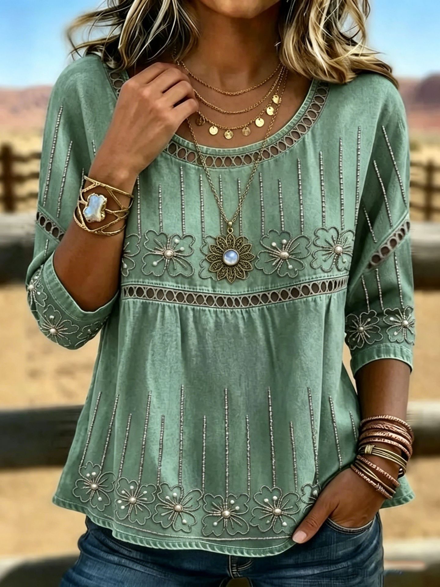 Women Vintage Boho Crew Neck Half Sleeve 3D Printing Hollow Out Loose Micro-Elasticity Blouse